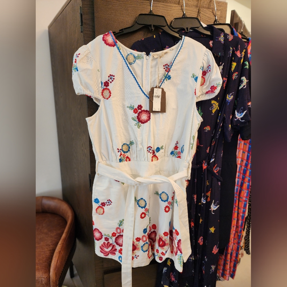 Anthropologie Forever That Girl Floral Embroidered Twill Belted Shorts Romper